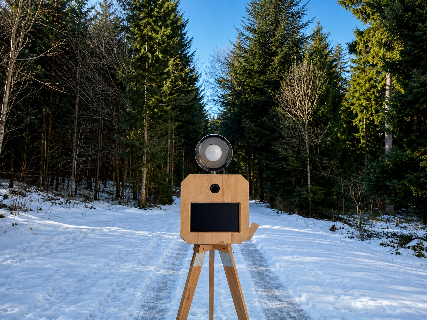 Photobooth en chêne dans une forêt enneigée, location événementiel Suisse